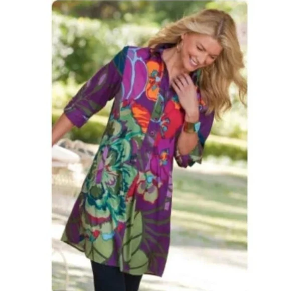 SOFT SURROUNDINGS Sadie Purple Multicolor Floral Print Cotton ¾ Sleeve Tunic 2X - Picture 2 of 11